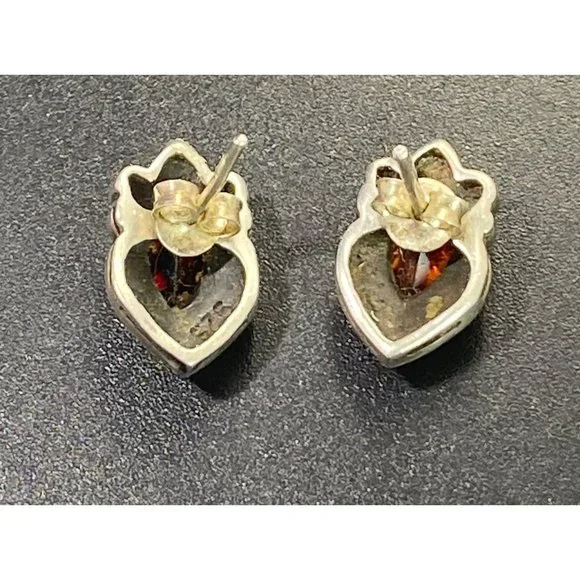 Vintage 925 Marcasite & Garnet Earrings Teardrop Cab Stud Pierced - Picture 4 of 7